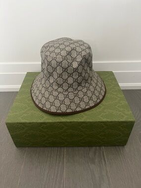 Gucci Brown GG Leather Bucket Hat with Trim